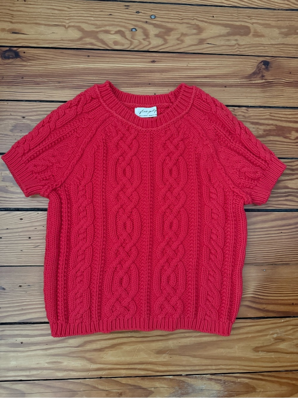 Free People Bright Red Cable Knit Short Sleeve Sweater